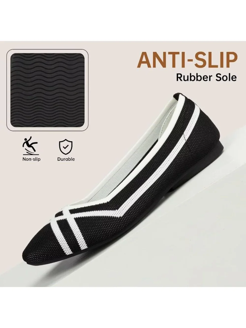 Frank Mully Women's Black White Rubber Knit Square Toe Comfortable Slip On Flats